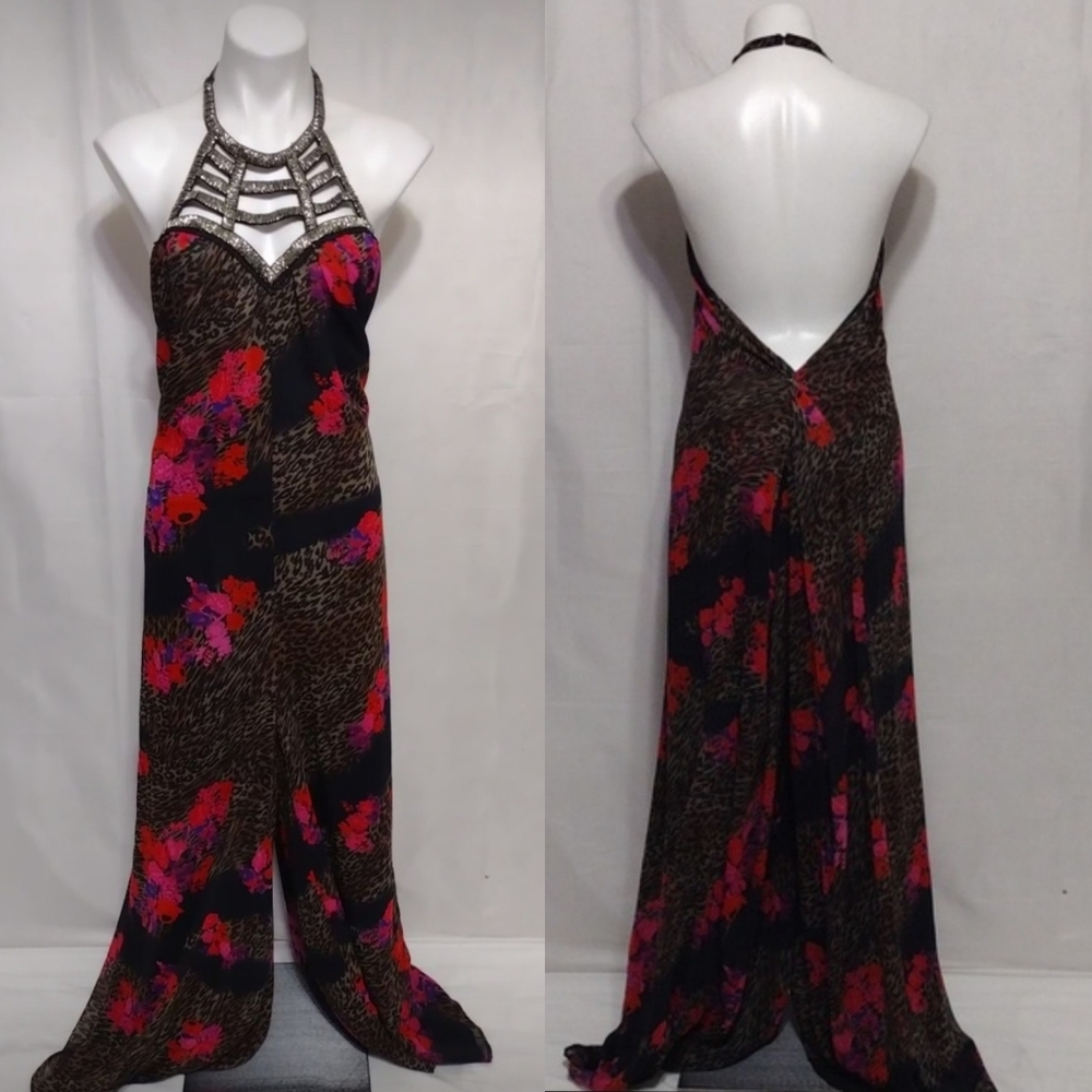 Venus Beaded Halter Floral Leopard Print Chiffon Backless Wide Leg Jumpsuit XL